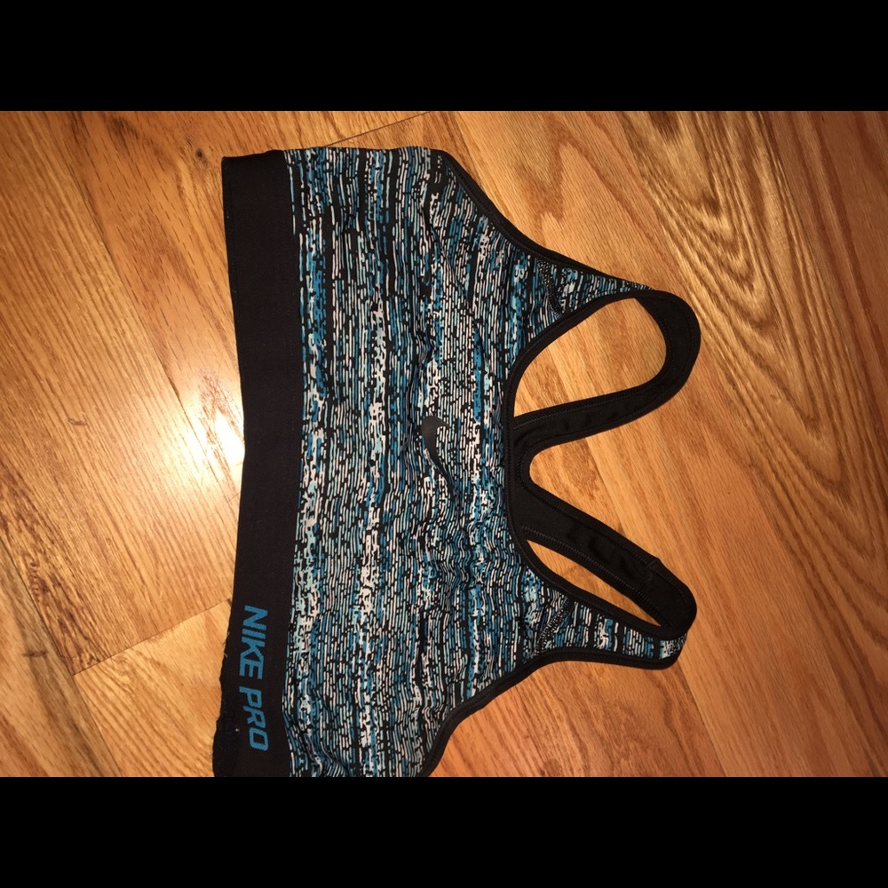 Blue and black patterned sports bra